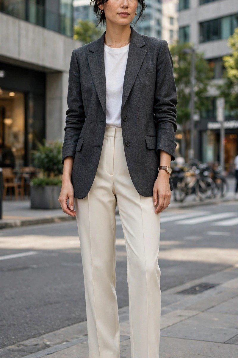 Charcoal blazer with tailored cream trousers and black loafers, smart casual office