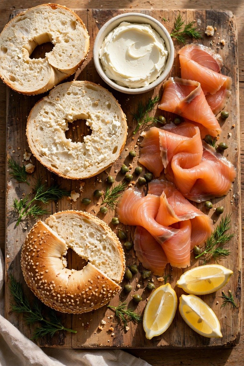 Brunch charcuterie board with smoked salmon and bagels