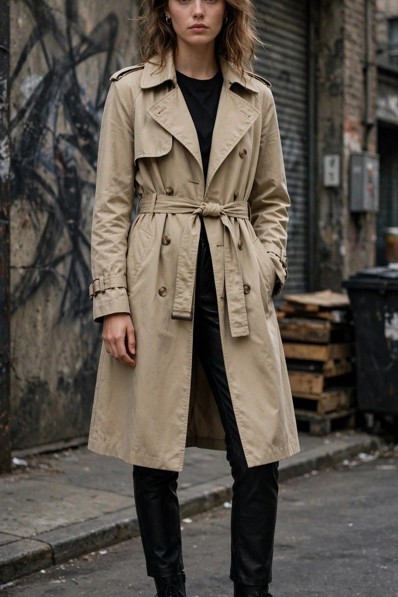 Woman in trench coat with leather pants