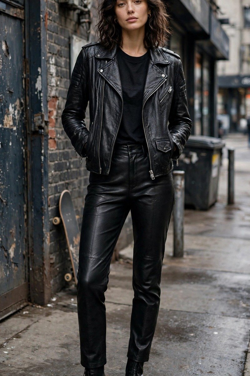 Woman in leather pants with moto jacket