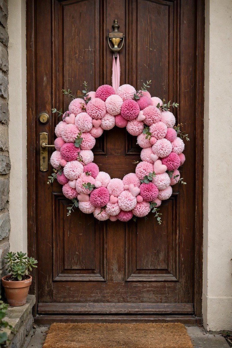 Pink pom-pom Valentine's wreath
