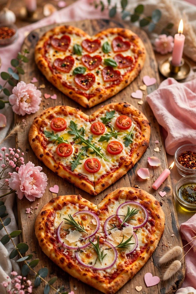 Heart-shaped pizzas on a wooden board