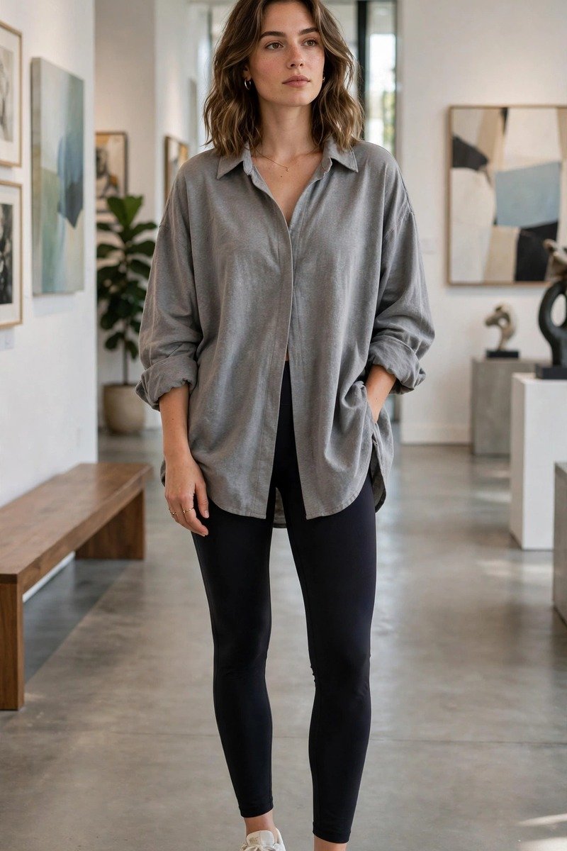 Woman in oversized shirt, leggings, and sneakers in a gallery