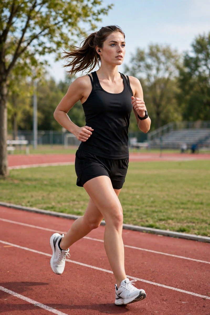 Woman in running shorts and tank top
