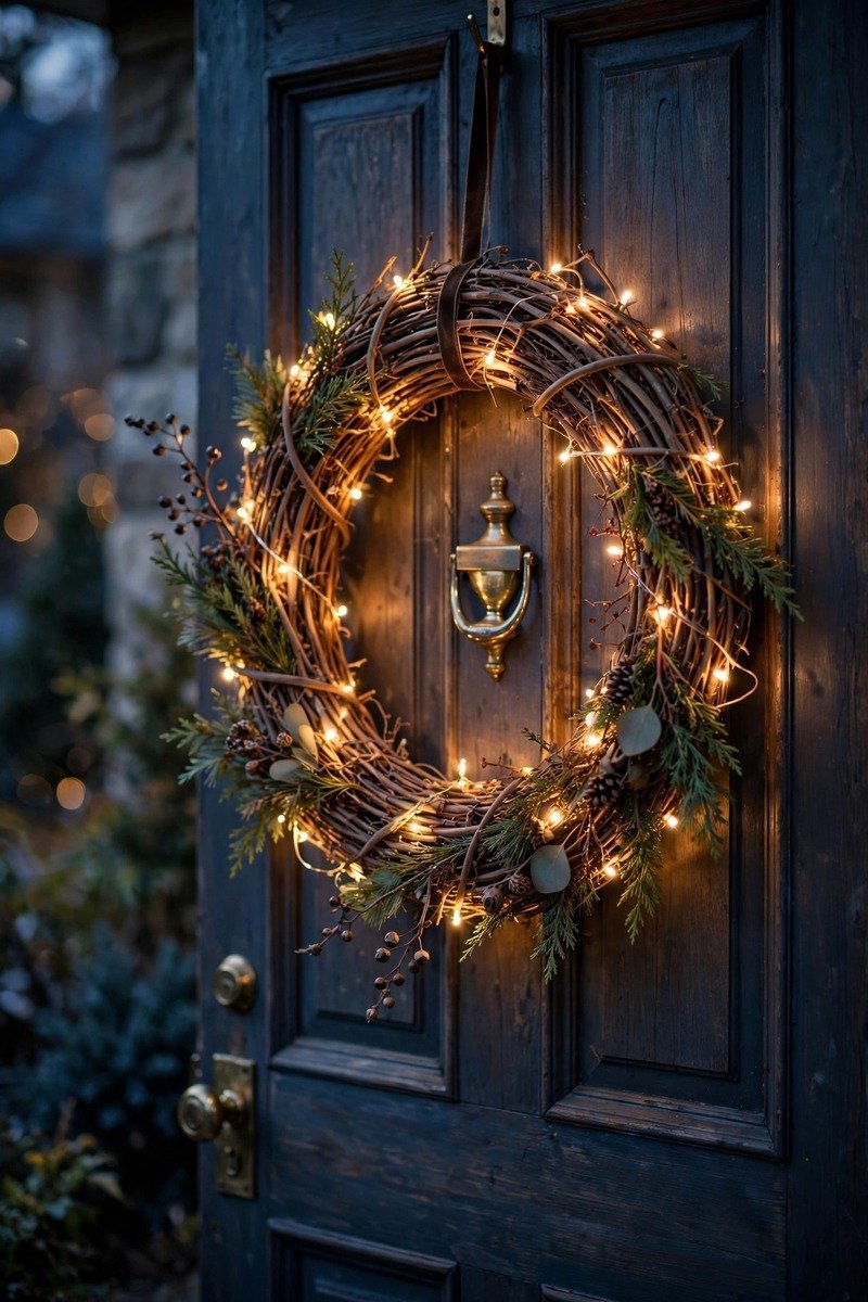 Grapevine twig Christmas wreath wrapped with warm fairy lights glowing at dusk