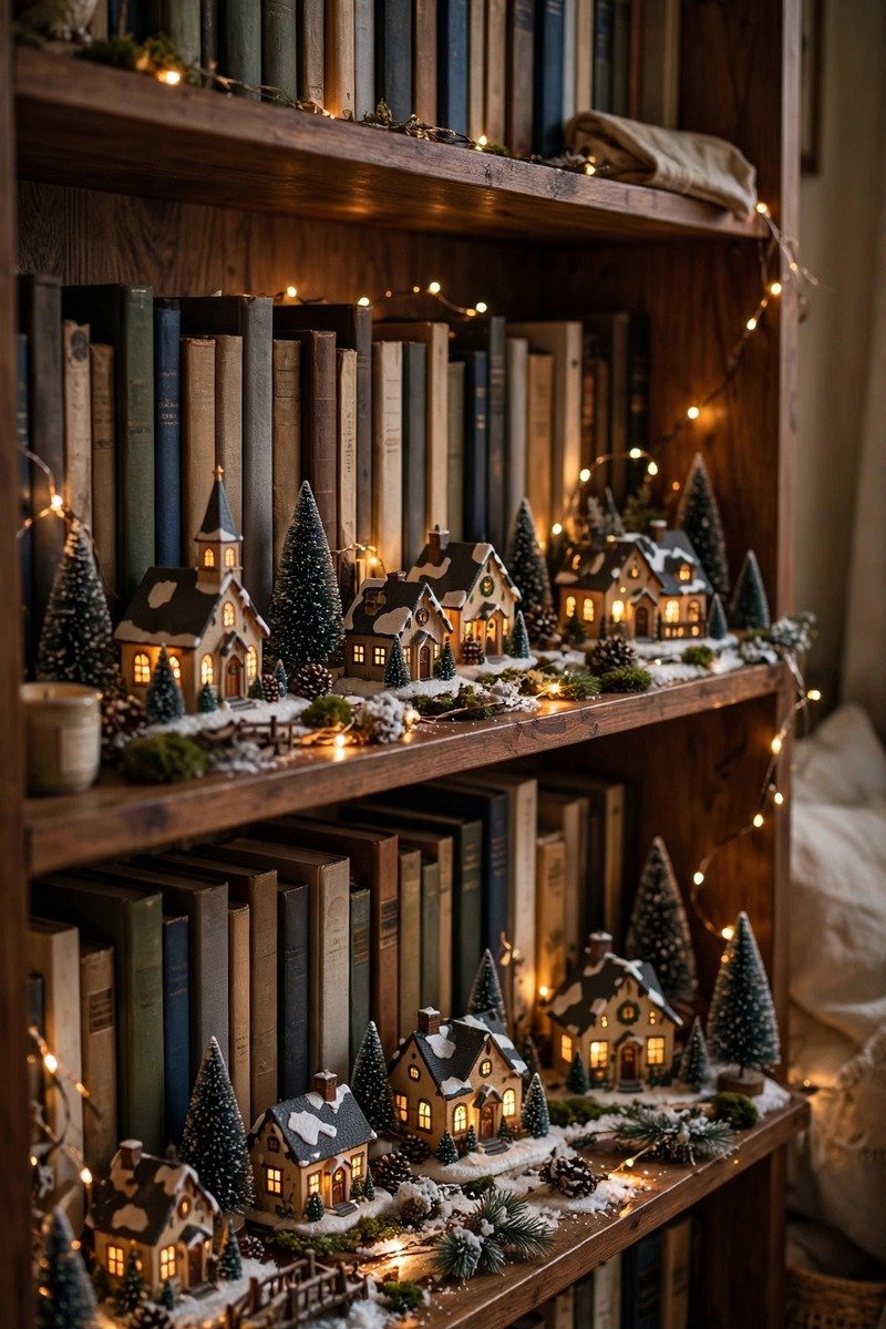 Christmas village display on bookshelves with books behind