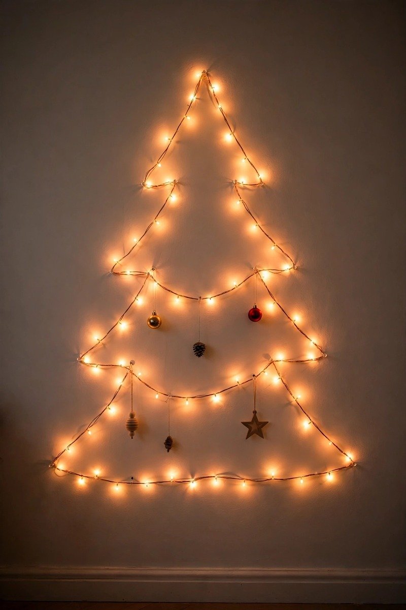 Christmas tree outline made of string lights on a wall