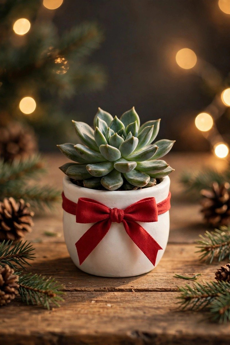 Mini succulent plant in a ceramic pot with bow