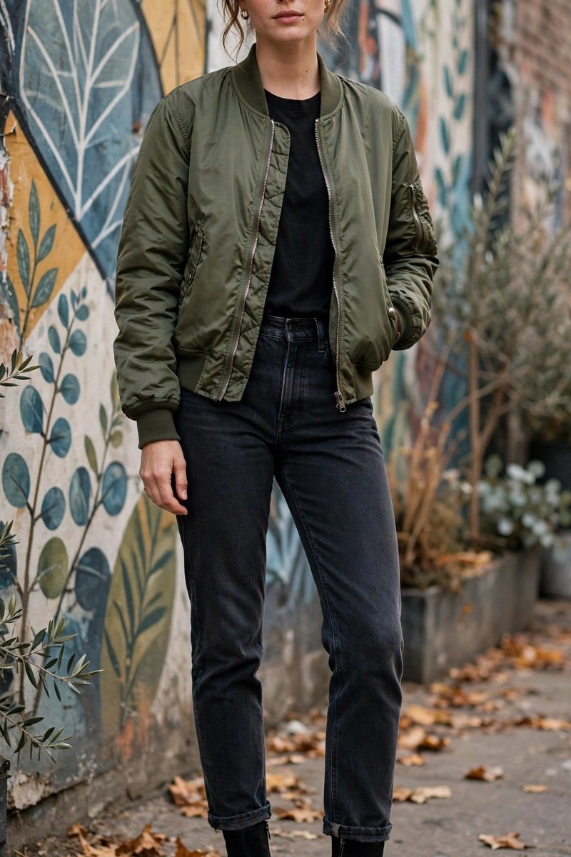 olive bomber jacket with dark jeans and black heeled suede booties