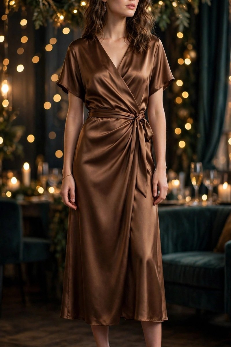 bronze satin wrap dress New Year's Eve outfit