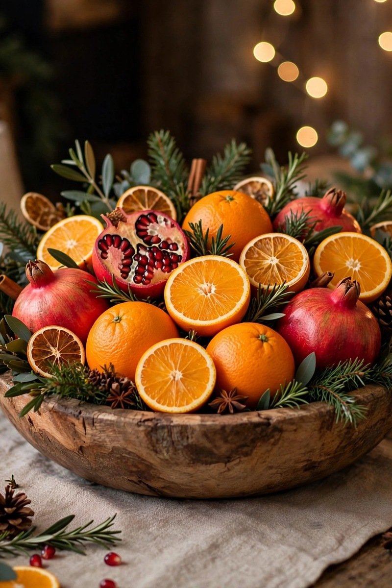 citrus and pomegranate bowl Christmas table centerpiece