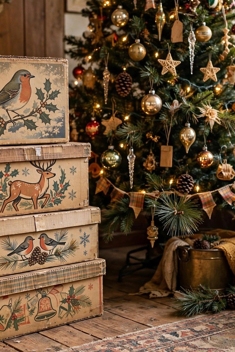 Vintage Christmas decorations ornament boxes display