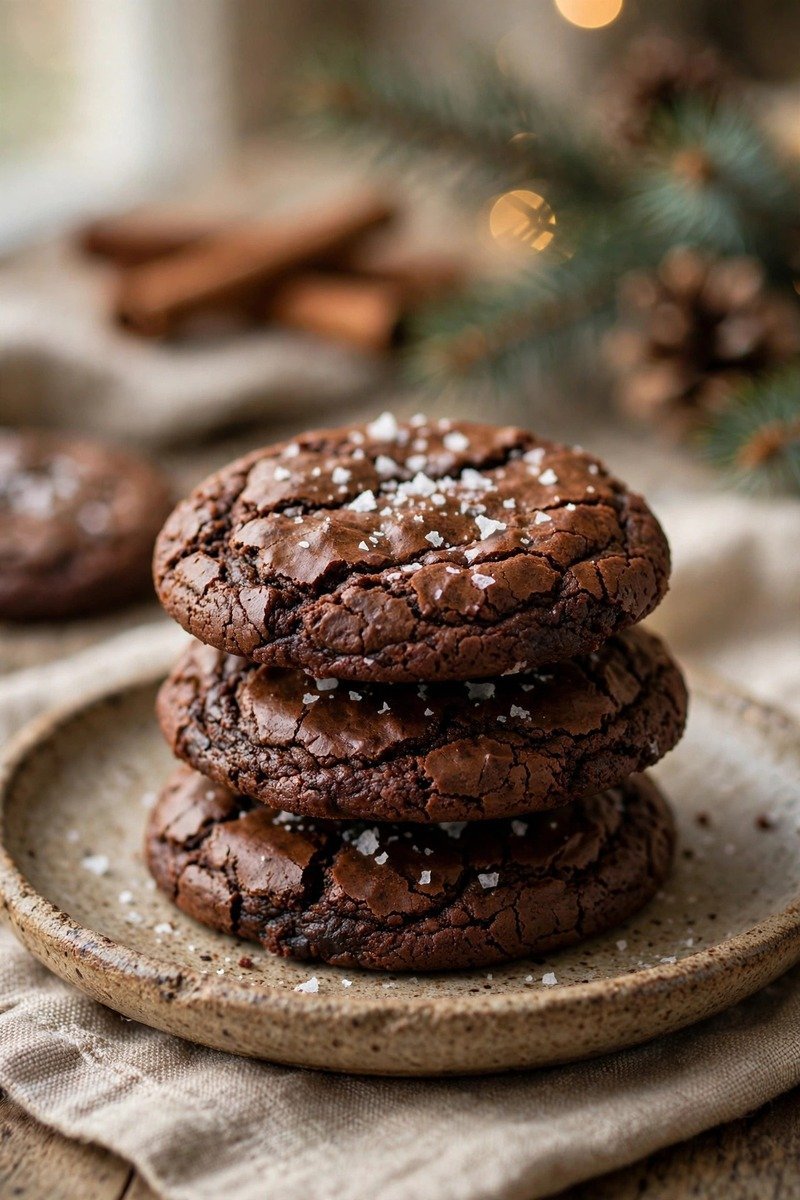 Fudgy brownie Christmas cookies with flaky sea salt