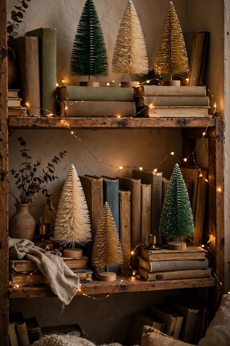 Bottle brush trees on a bookshelf