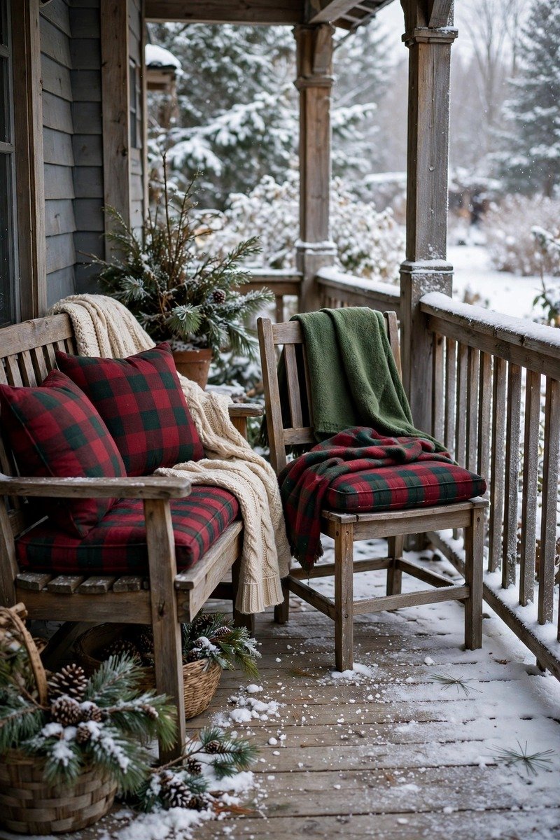 Plaid cushions on winter porch seating