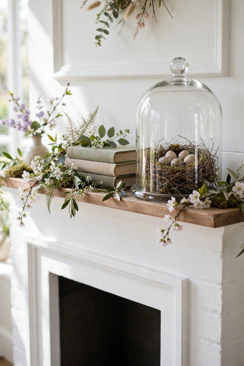Decorative nest under a glass cloche on a mantel