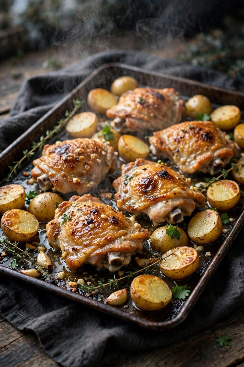 Chicken thigh traybake with garlic butter