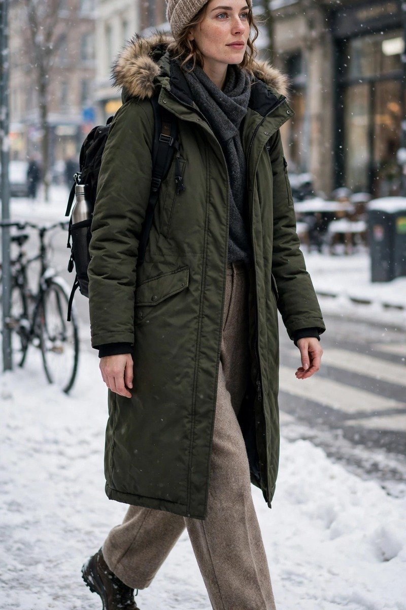 Long down parka with wool trousers outfit