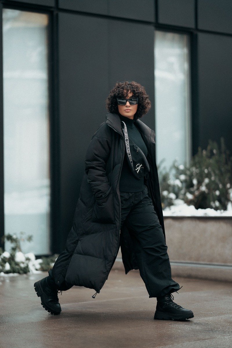 Longline black puffer coat outfit