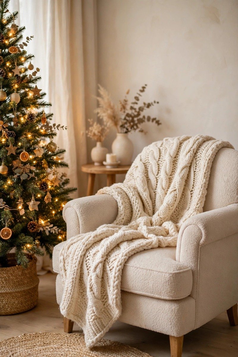 Throw blanket in cream chunk knit