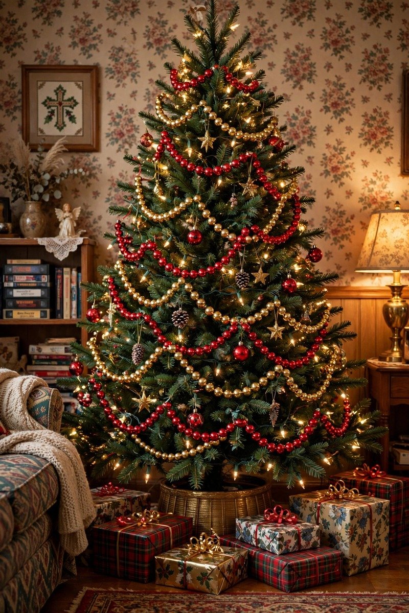 Christmas tree with beaded garlands, 90s style