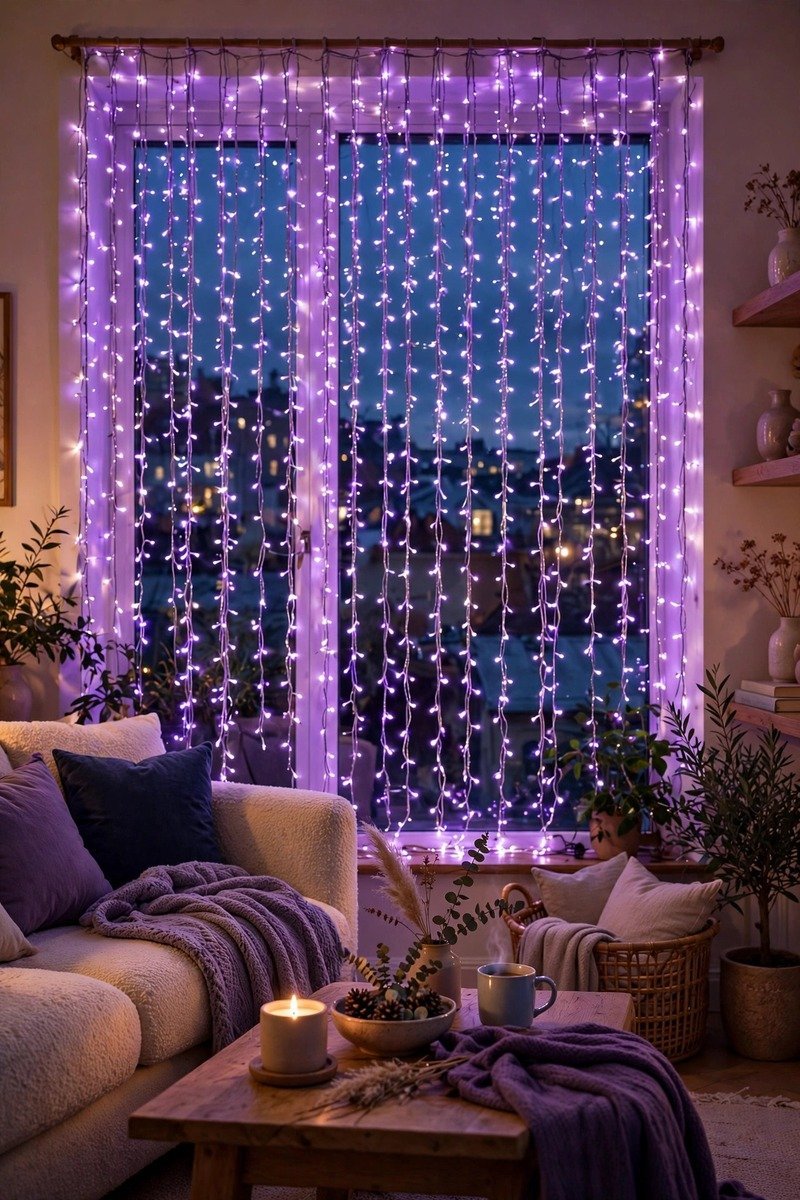 Living room window dressed with purple fairy light curtains glowing at dusk