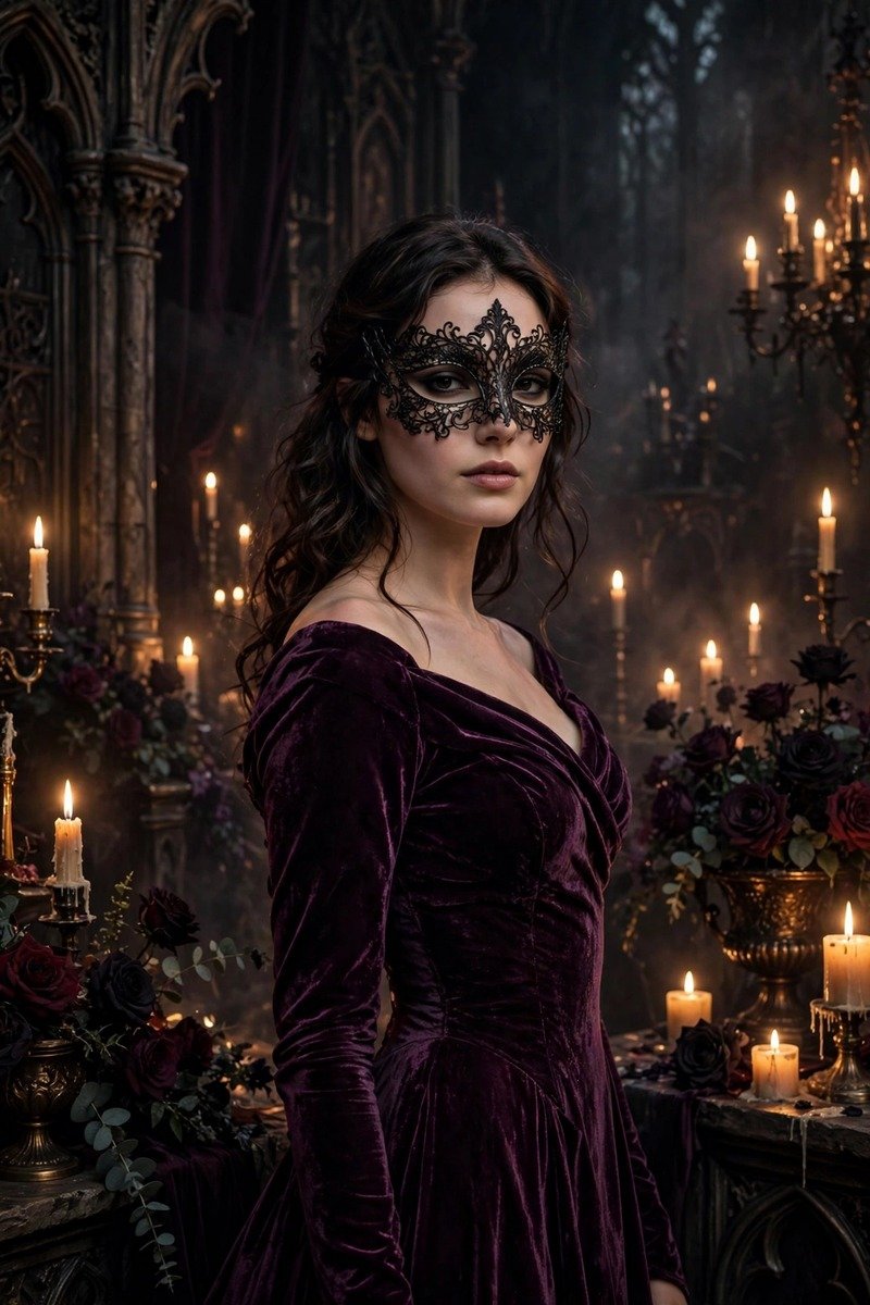 Black gown with gold accessories and gold filigree mask