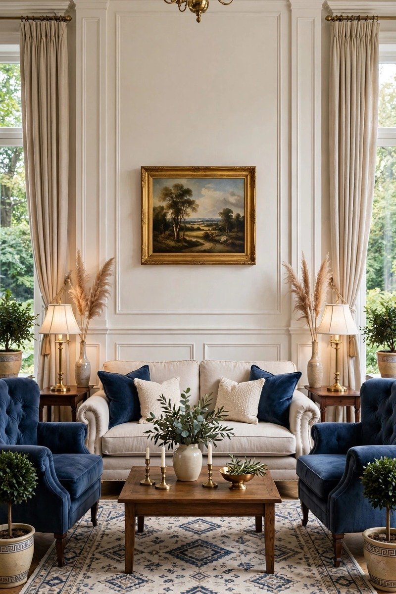 Symmetrical living room layout with matching armchairs flanking a fireplace