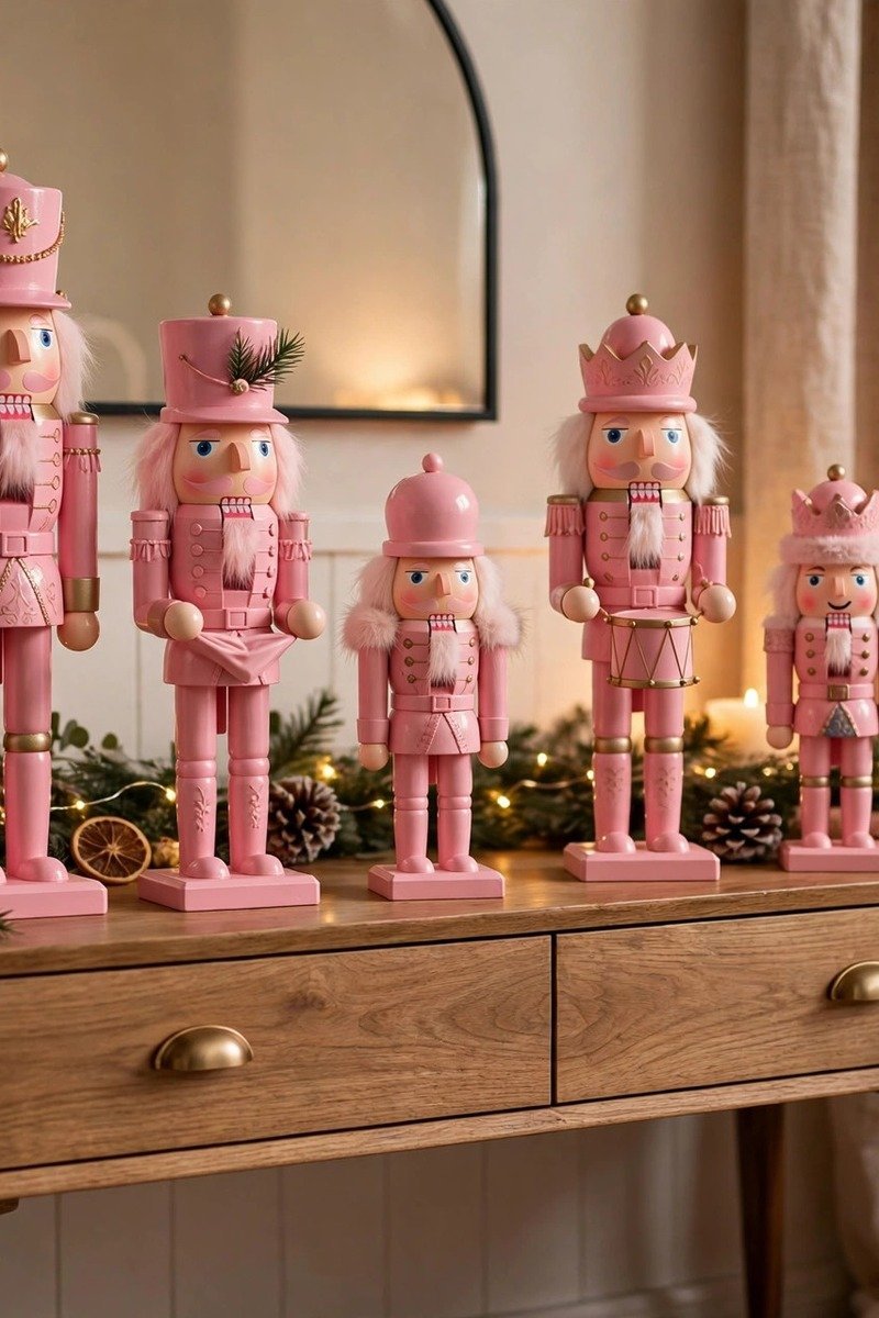 Pink nutcracker figures displayed on a console table