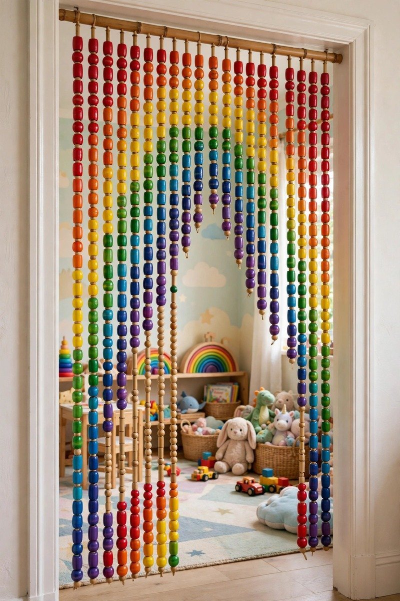 Colorful bamboo beaded curtain in bright rainbow colors in a kids room doorway