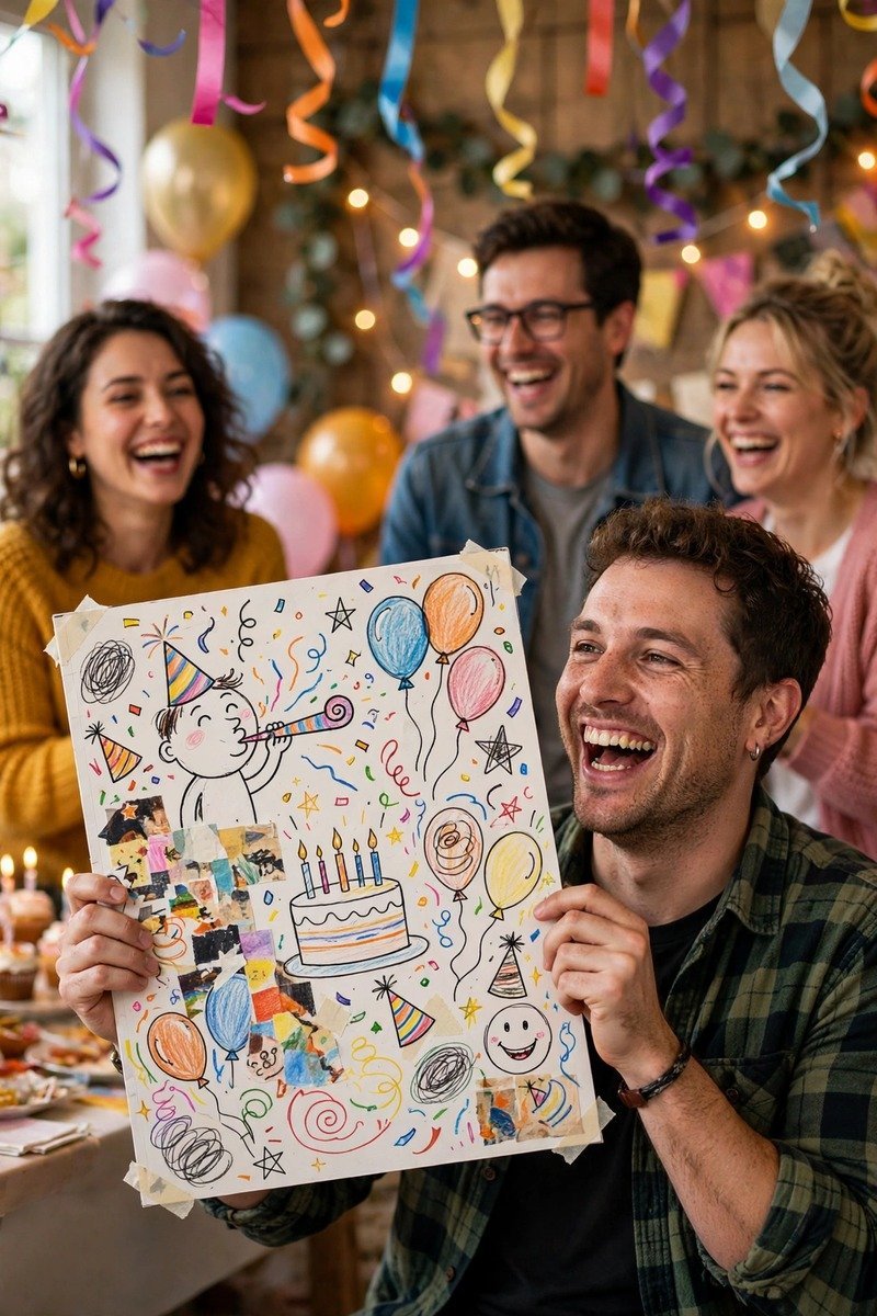 Humorous birthday magazine cover with silly photo and joke headlines in playful fonts