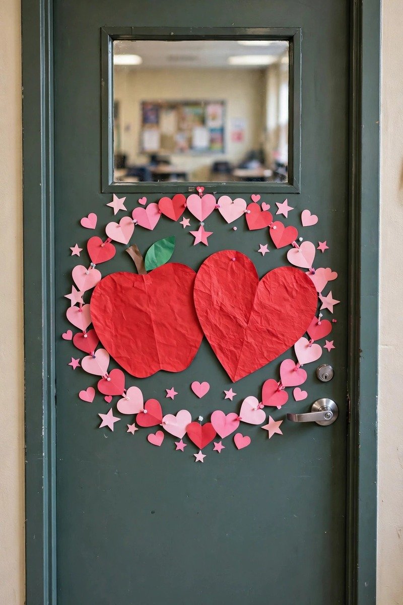 Classroom door with apple and heart teacher appreciation theme