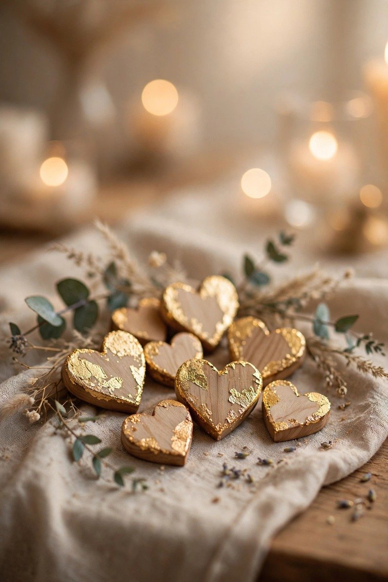 Wooden hearts decorated with gold leaf accents