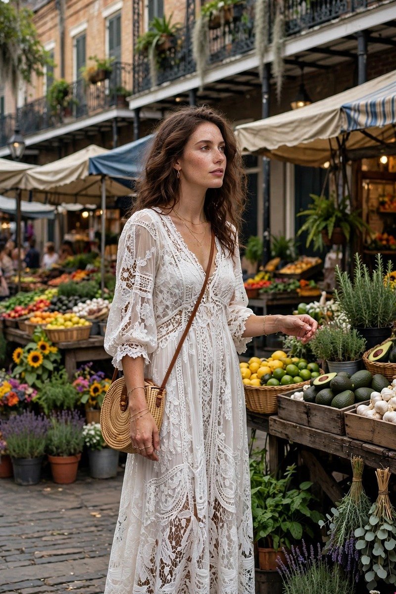 Woman in a white boho lace dress at a market
