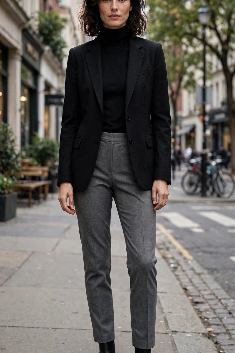 Black blazer over black turtleneck with tailored grey pants, monochrome look