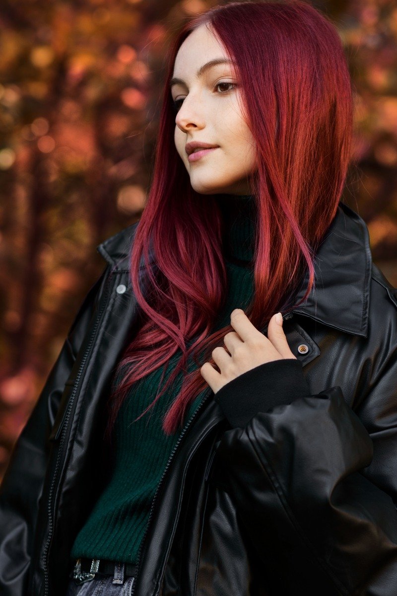 Cherry cola hair with curtain bangs