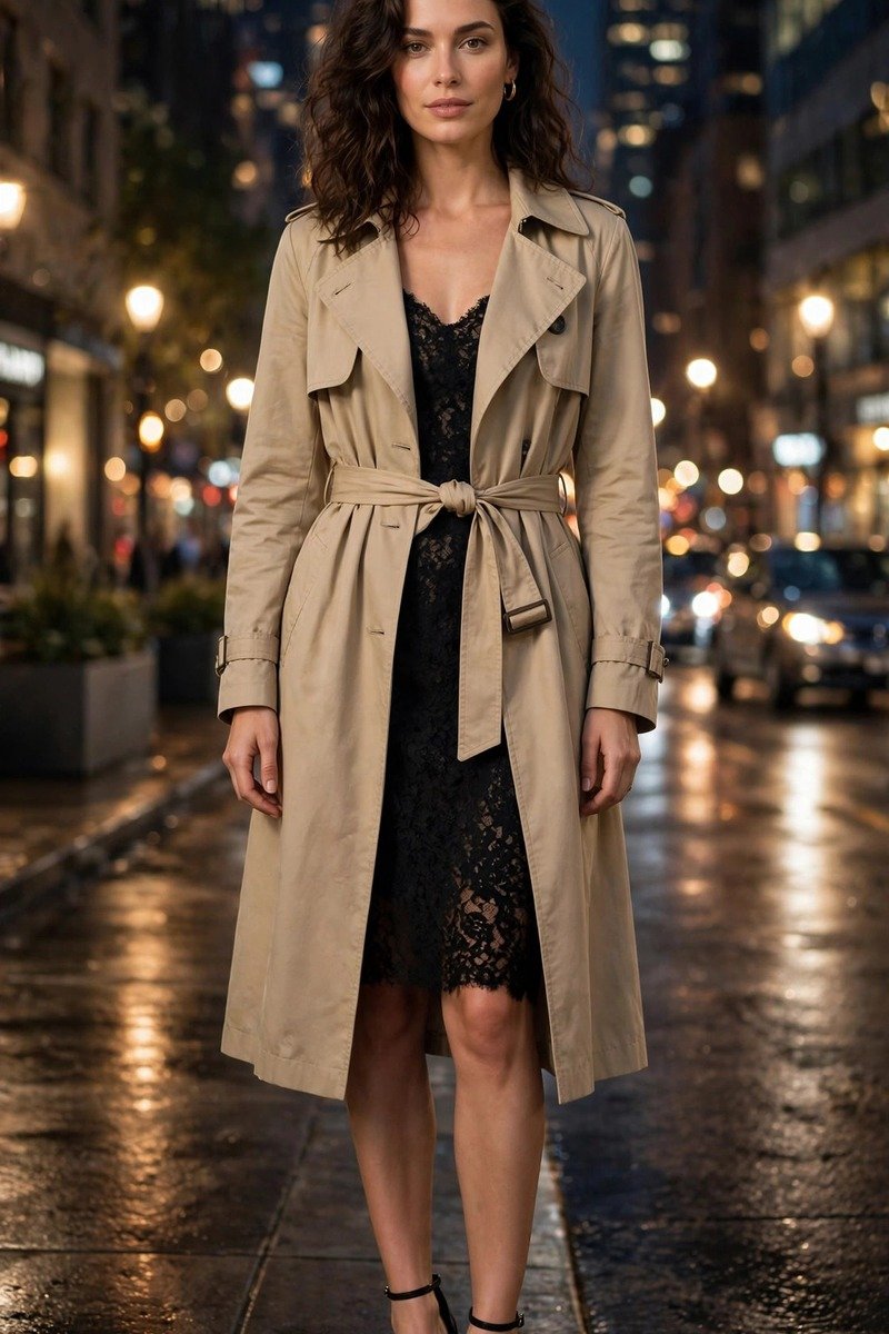 Woman in trench coat over cocktail dress in evening