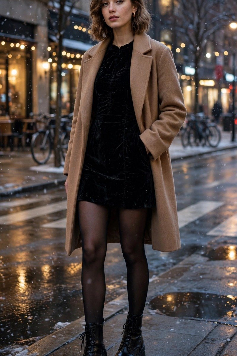 Woman in platform boots, mini dress, and tights