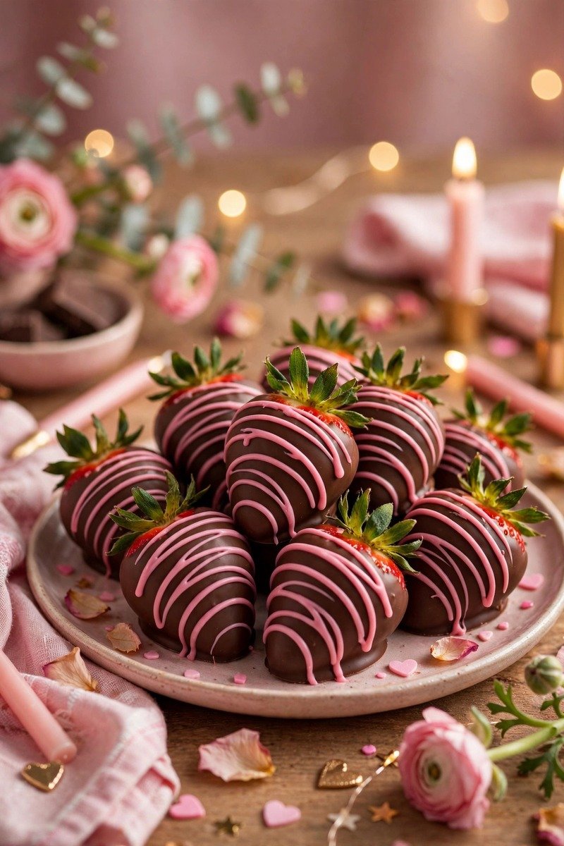 Chocolate-covered strawberries with pink drizzle