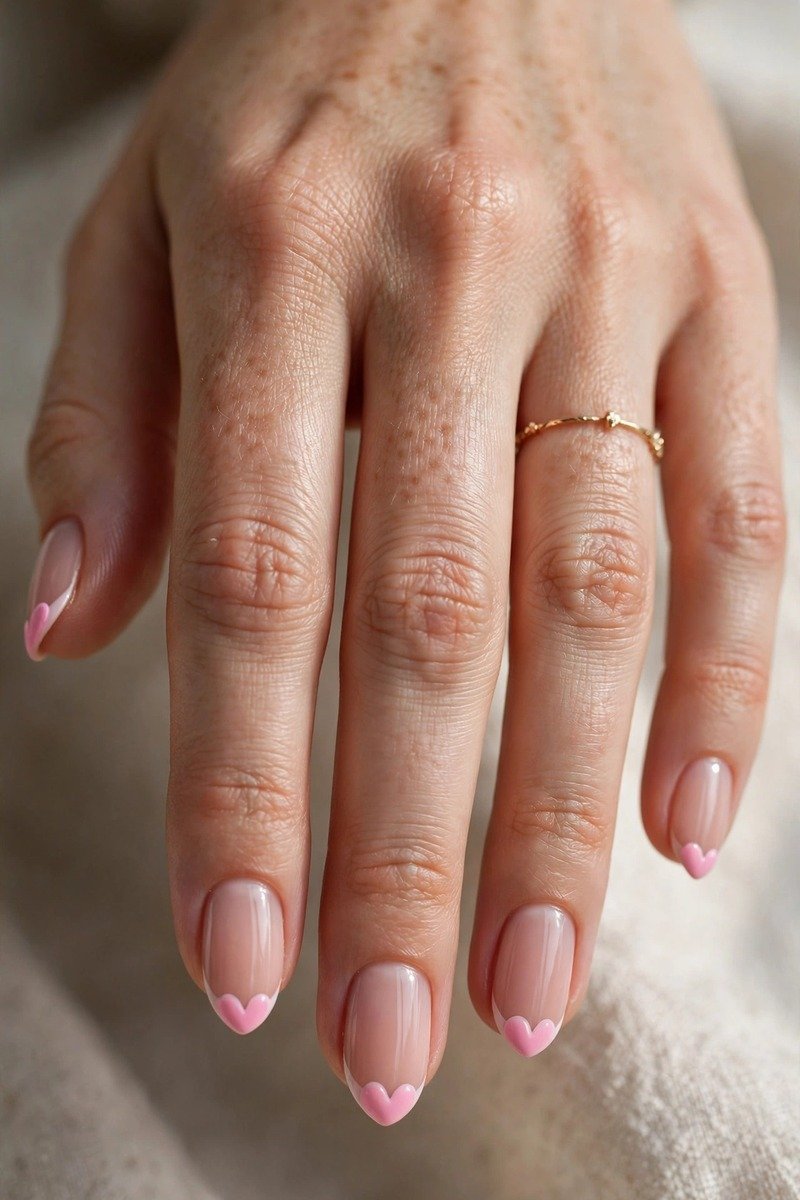 French tips shaped into tiny hearts in pink