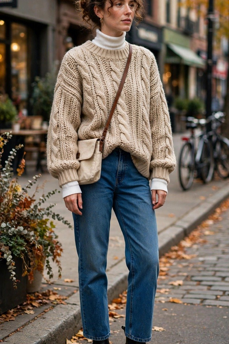 Woman in an oversized sweater with a turtleneck layered underneath