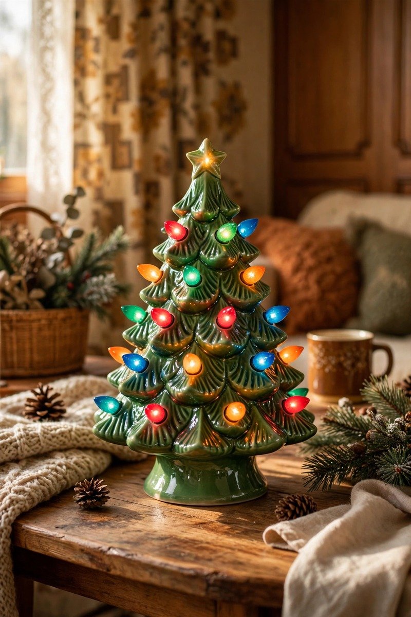 Vintage ceramic Christmas tree with colorful glowing bulbs