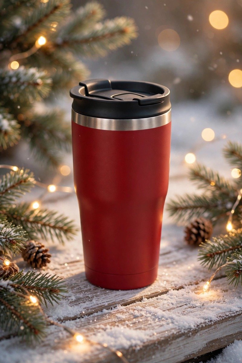 Insulated travel tumbler in festive red