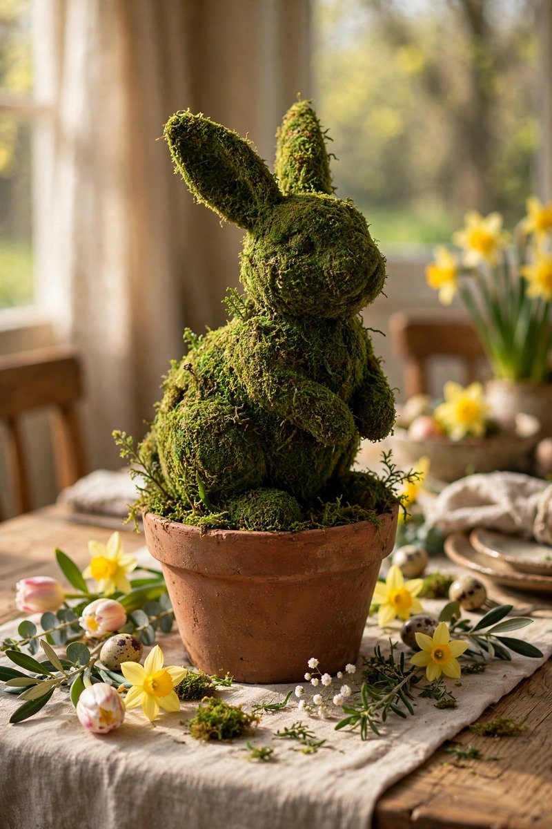 Moss bunny topiary in a terracotta pot