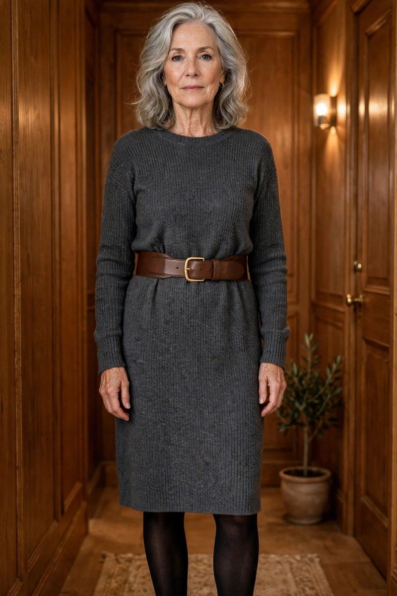 Woman over 50 in a belted sweater dress