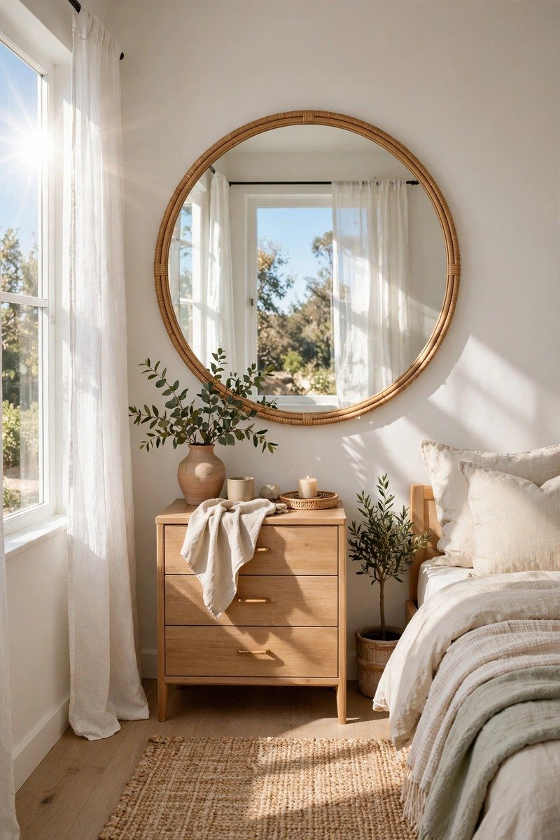 Small bedroom with a large mirror reflecting light