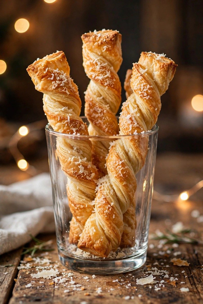 Parmesan puff pastry twists in a glass