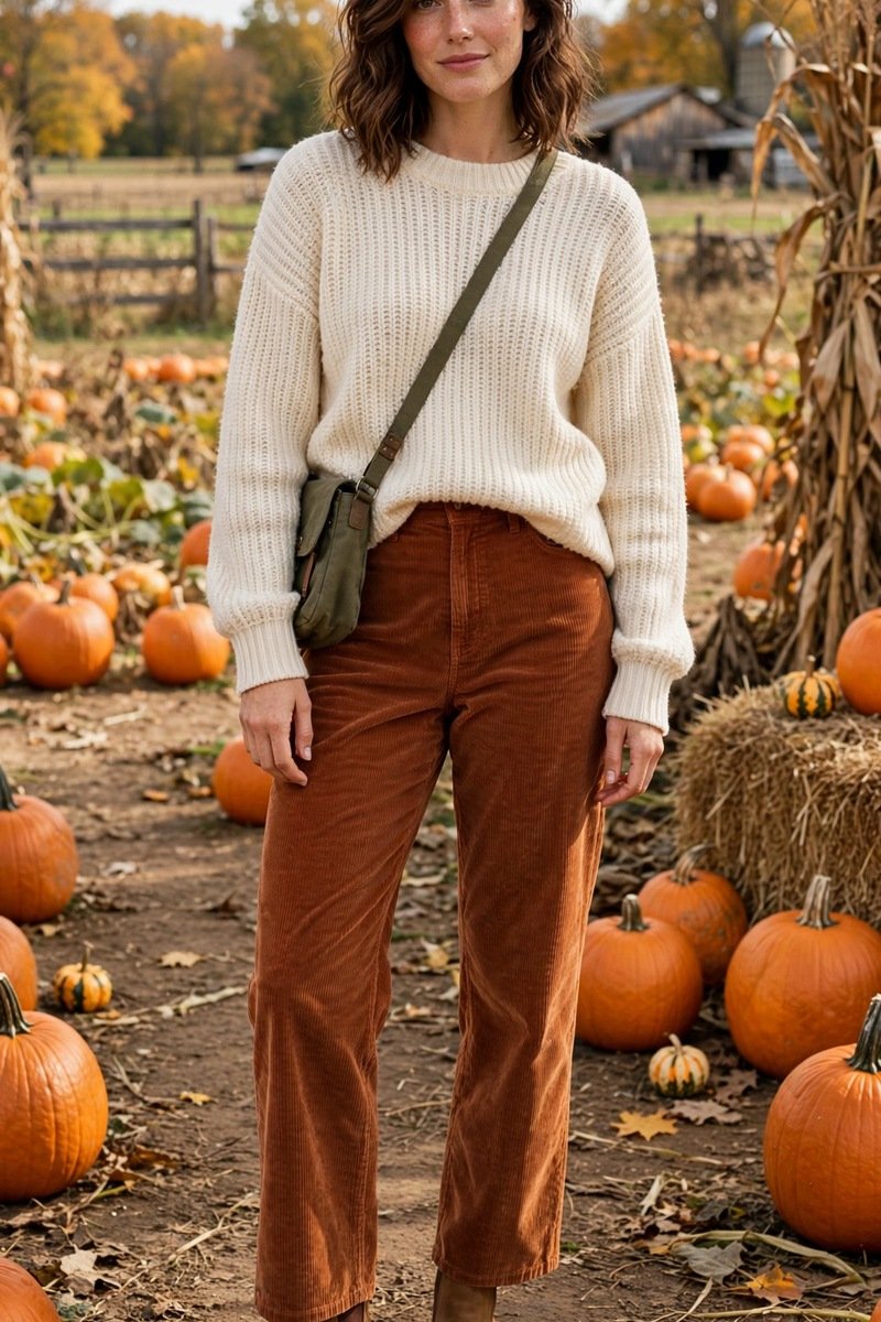 rust corduroy pants with brown suede ankle boots and a chunky cream sweater