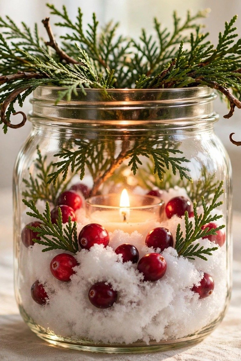 Yule crafts cranberry and snow jar centerpiece