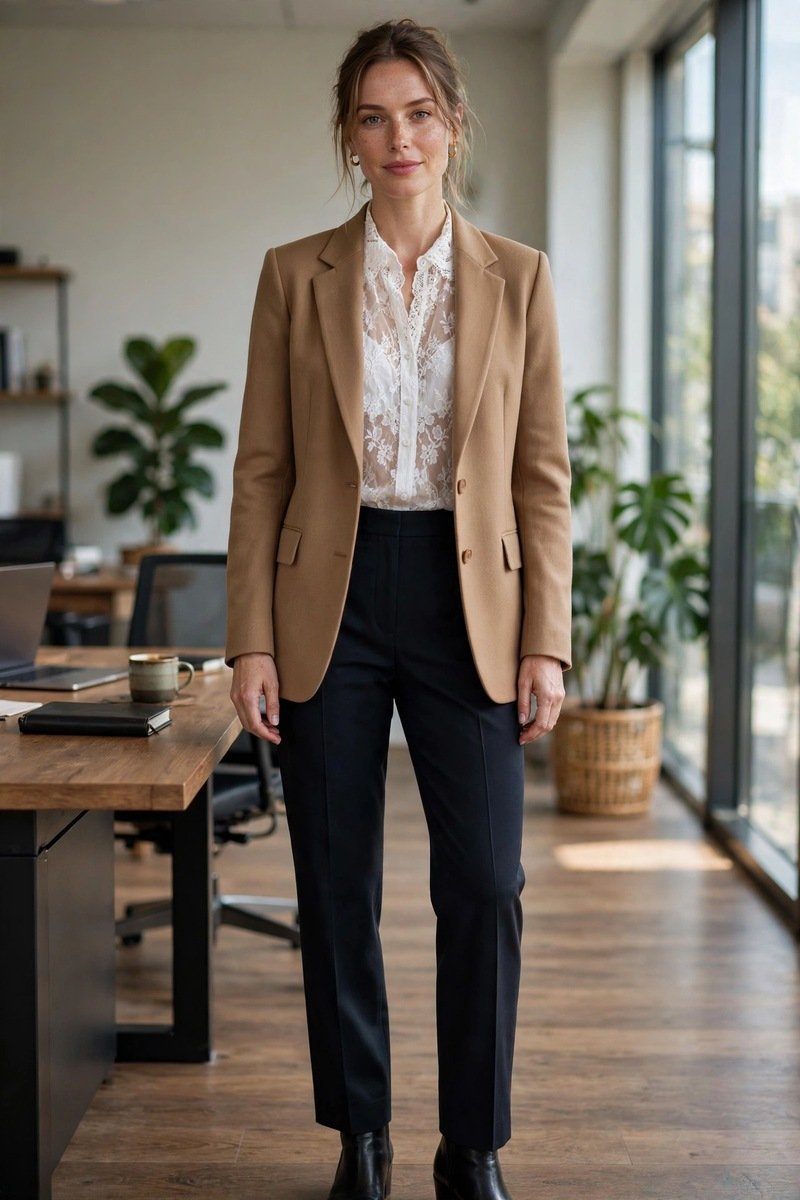 white lace blouse with blazer office outfit